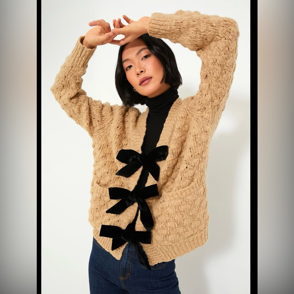 NWT SEA NEW YORK Cardigan Sweater Teresa Bows Camel Tan Posh Romantic Size S